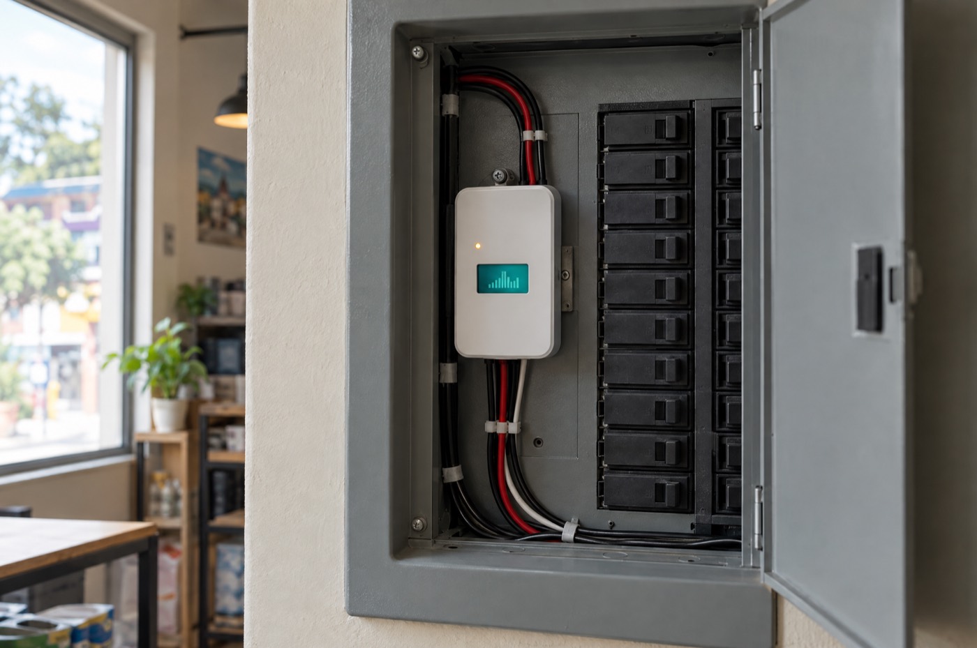 Medidor de Voltea instalado dentro del tablero eléctrico de un local, junto a los breakers