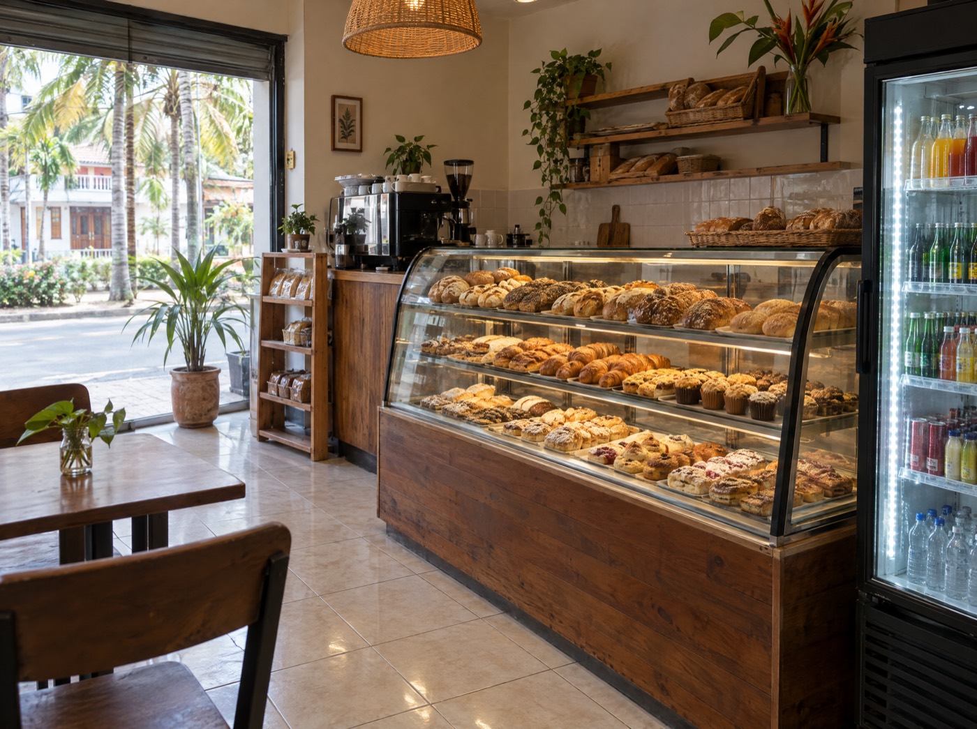 Interior de una panadería con vitrina de pan iluminada y nevera de bebidas
