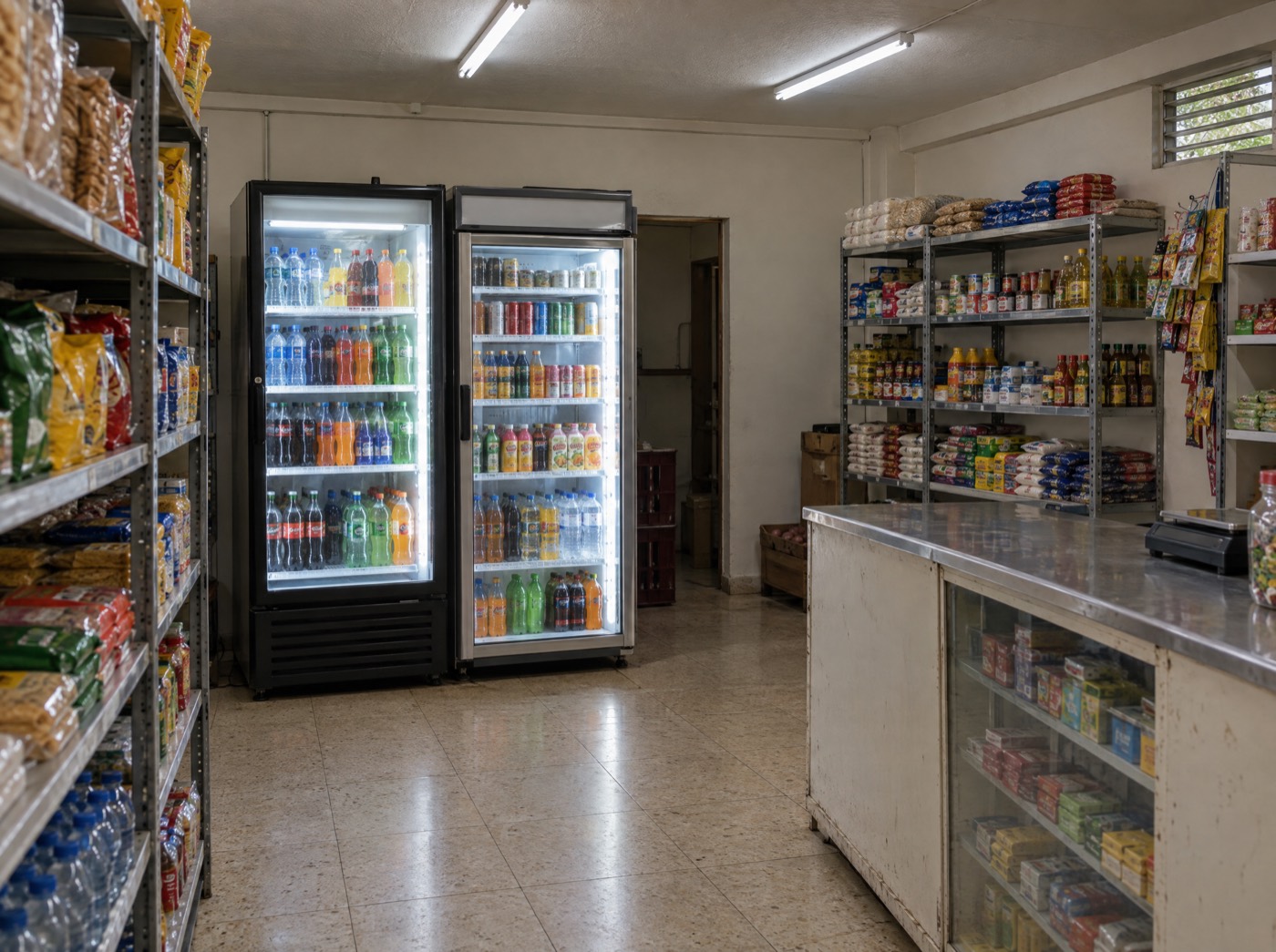 Interior de una tienda de barrio con dos neveras de bebidas encendidas
